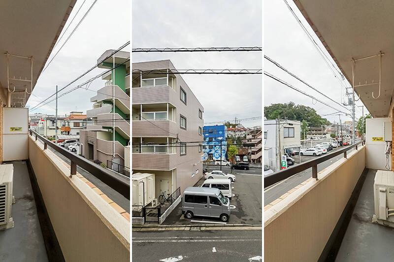 住戸は２階所在ですが、正面はコンビニの駐車場で、程よく抜けています。物干し金具も完備。