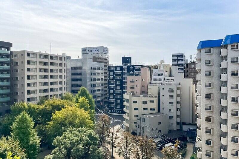 公園のグリーンを見下ろす眺望。駅近で建物が隣接するエリアにも関わらず、公園のおかげで住戸の前だけ開けたような景色。青空、しっかり仰げます！