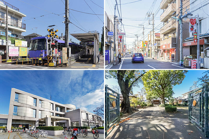 <b>左上・</b>物件の最寄りは東急世田谷線「上町」駅（徒歩５分）、「世田谷」駅（徒歩８分）。ローカル感漂う路面電車の街です。沿線には感度の高いカフェやショップが点在し、街歩きが楽しいエリアでもあります。／<b>右上・</b>「桜栄会商店街」は「世田谷ボロ市」のメイン会場として有名です。毎年12月・1月に開催され、骨董品や古着などのお店で賑わう一大イベントにご期待あれ。（徒歩４分）／<b>左下・</b>施設内にプラネタリウムもある「世田谷区立中央図書館」。街の名物にちなんだ、「サザエさんコーナー」も設置されています。（徒歩８分）／<b>右下・</b>住まいの窓から見えた「浄光寺」は立派な樹木に囲まれた癒し空間（徒歩１分）。世田谷代官歴代のお墓があり、隣のブロックには代官屋敷も。エリアの格調高さが伝わってきますね。