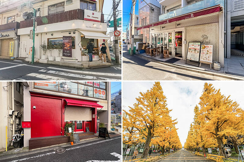 <b>左上・</b>マンションの目の前にある純正食パン専門店「One Hundred bakery （ワン ハンドレッド ベーカリー）日吉店」はふわふわの生食パンが人気。シーズン毎のサイドメニューも豊富です。（徒歩１分）／<b>右上・</b>売主さまおすすめの「アジアンビストロDai 日吉店」。エスニック料理が気軽に食べられると評判です。（徒歩１分）／<b>左下・</b>「VERANDAH （ヴェランダ）」はカジュアルなイタリアンレストラン。ランチ営業もしていますよ。（徒歩３分）／<b>右下・</b>駅の東側に堂々と鎮座するのは名門校「慶應義塾大学 日吉キャンパス」。キャンパスに続くイチョウ並木は見事で、売主さまもお気に入りスポットなんだそう。（徒歩３分）