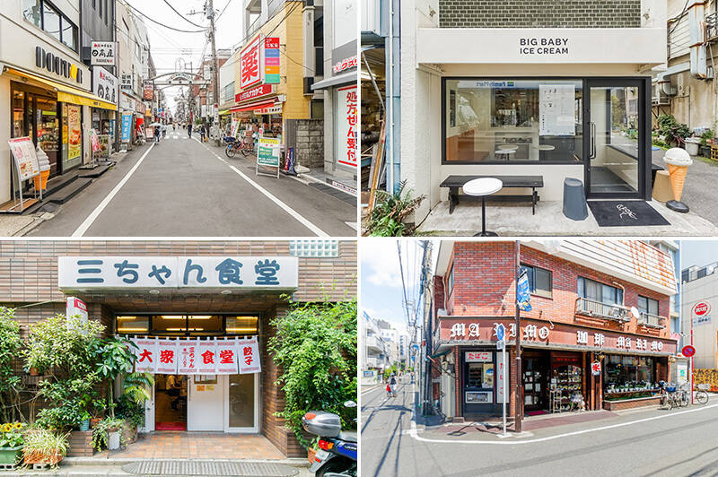 <b>左上・</b>東急東横線・目黒線が通る「新丸子」駅。駅前には商店街が広がっており、親しみやすい空気が流れています。（徒歩14分）／<b>右上・</b>老若男女、幅広い世代から愛されるダイナー「BIG BABY ICE CREAM（ビッグ ベイビー アイスクリーム）」。甘さ抑えめのすっきりとした味わいのフレーバーが数種類用意されています。（徒歩15分）／<b>左下・</b>グルメマンガ「孤独のグルメ」で登場したこともある「三ちゃん食堂」。昼夜を問わず多くのお客さんで賑わっています。（徒歩13分）／<b>右下・</b>レトロな雰囲気が漂う「喫茶 まりも」。1971年から続く老舗店です。（徒歩17分）