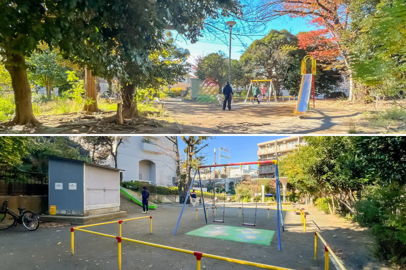 <b>上・</b>近所の憩いの場「第一公園」。隣には大きなグランドがあり、週末になると少年野球の試合が見られるのだとか。（徒歩２分）／<b>下・</b>売主さまがお子さまとよく訪れるという「宮崎おちば公園」。特に長い滑り台がお気に入りなのだそう。