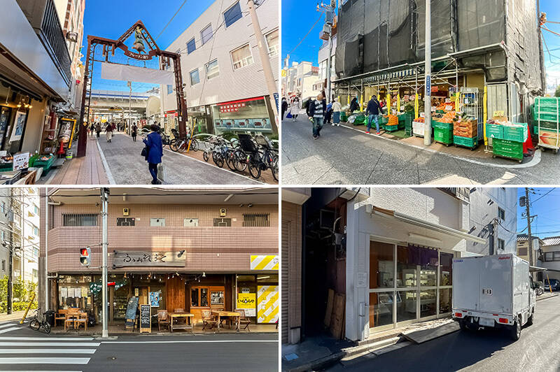 <b>左上・</b>駅の西口から続く「モトスミ・ブレーメン通り商店街」には食品店や物販店、飲食店など様々なお店が軒を連ねています。（徒歩６分）／<b>右上・</b>「生鮮市場ダイイチ 元住吉店」は活気ある八百屋さん。（徒歩12分）／<b>左下・</b>Ｔさまお気に入りの「FOREST COFFEE（フォレストコーヒー）」。珈琲だけでなくステーキやハンバーグが提供されるランチも人気です。（徒歩14分）／<b>右下・</b>マンションの裏にもローカルな商店街が。「越路屋豆腐店」で出来立てのお豆腐をどうぞ。（徒歩３分）