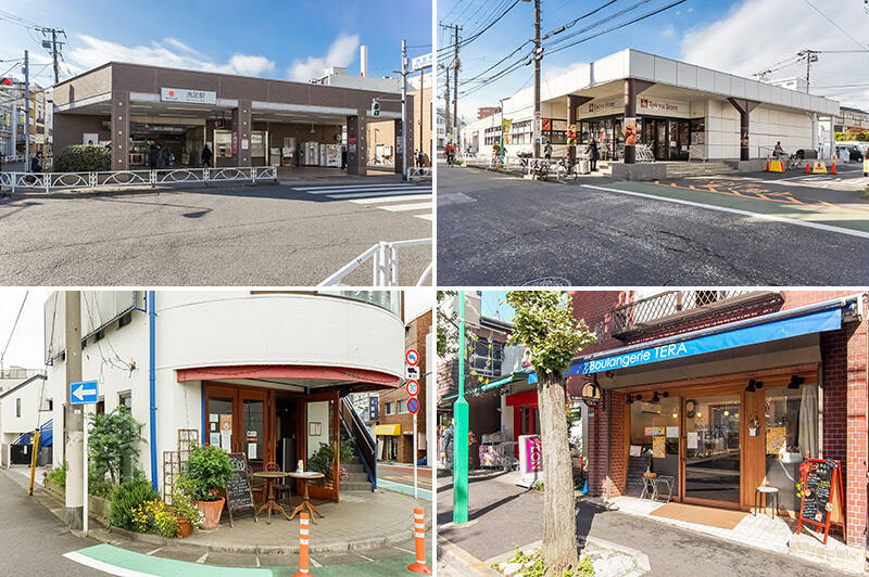 <b>左上・</b>最寄りの東急目黒線「洗足」駅までは徒歩２分。「目黒」駅までの電車アクセスが約７分と交通利便性が優れています。／<b>右上・</b>日頃のお買い物は、駅の隣にあるスーパー「東急ストア 洗足店」へ。（徒歩２分）／<b>左下・</b>駅前のレストラン「OSTERIA PECO（オステリアペコ）」。ピザやパスタ、前菜などさまざまなメニューを取り揃え、リーズナブルなイタリアンが楽しめます。（徒歩２分）／<b>右下・</b>夫婦で営まれているベーカリー「Boulangerie TERA（ブーランジェリー テラ）」。新作メニューはインスタグラムでチェックできます。（徒歩１分）