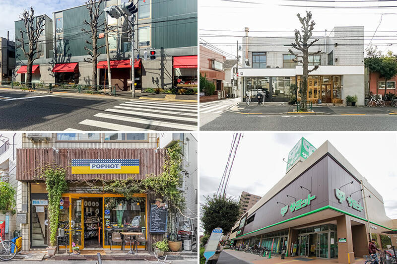 <b>左上・</b>フランス菓子店「Patisserie Francaise Quatre（キャトル）柿の木坂本店」。看板メニュー「うふプリン」は、本物の卵の殻を器に使用しており、見た目も味も楽しめる一品です。（徒歩７分）／<b>右上・</b>最高の一杯を追求するコーヒー店「ONIBUS COFFEE（オニバスコーヒー）八雲店」。コーヒーの販売を通して、サステナブルな活動も行っています。（徒歩８分）／<b>左下・</b>学芸大学の人気クレープ店「POPHOT（ポポット）」では、種類豊富なクレープはもちろん、絶品ガレットもいただけます。（徒歩12分）／<b>右下・</b>建物の外観が目を惹くこちらは中華料理店「華空間」。創業から40年続く老舗店で、豊かな素材を“いい味で”をモットーにしているのだそう。（徒歩５分）