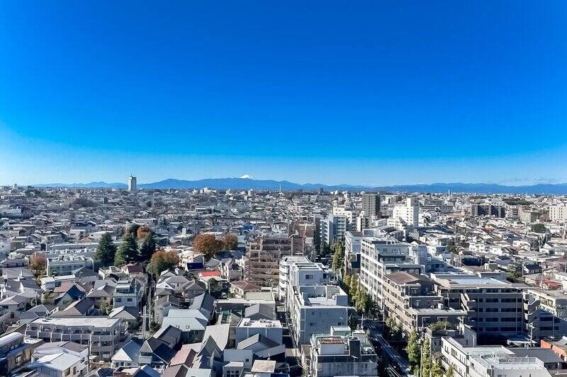 バルコニーへやってきました。見てください、この開放的な眺望。奥の山々からは富士山が顔を覗かせています。