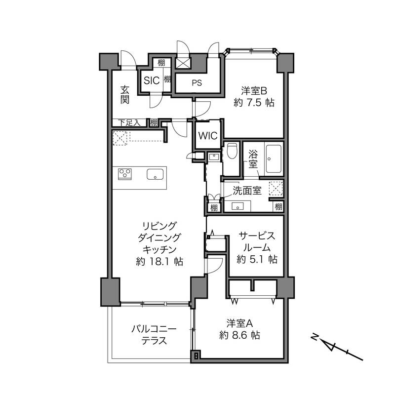 ３つの個室とゆとりあるLDKを確保したクセのない間取り。家族みんなが満足して長く暮らすことができそうです。