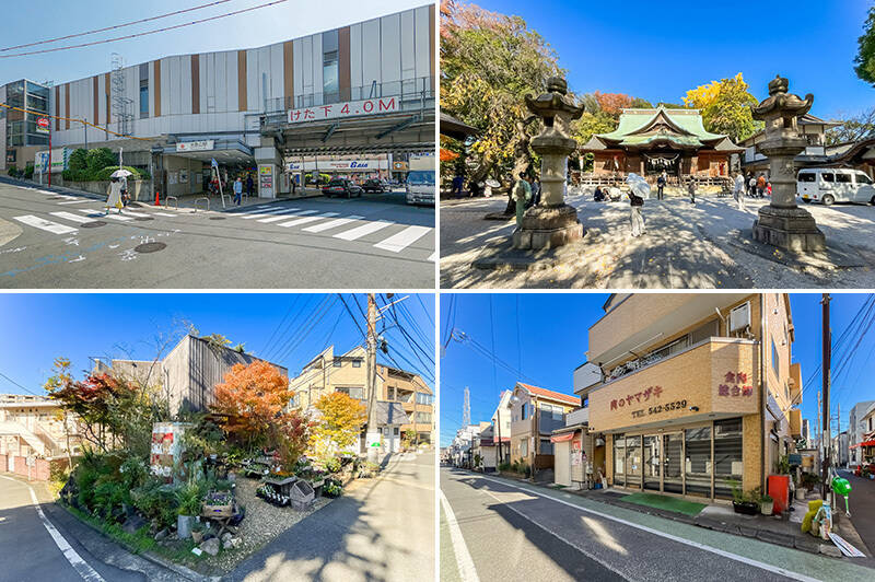 <b>左上・</b>最寄りは、東急東横線「大倉山」駅。駅前にはスーパーやドラックストア、飲食チェーン店など、さまざまなお店が並ぶ商店街があります。（徒歩６分）／<b>右上・</b>八咫烏をご社紋とする「師岡熊野神社」。日本サッカー協会もエンブレムに八咫烏を採用していることから、プロサッカー関係者がよくお参りに来るのだとか。（徒歩５分）／<b>左下・</b>売主さま行きつけの園芸店「PLANTED（プランテッド）」。素朴な美しさを持つ植物を多く取り揃えています。セレクトに迷った際は、店員さんが相談に乗ってくれるそうです。（徒歩４分）／右下・こちらも売主さま一押しのお店、精肉店「肉のヤマザキ」。お気に入りの理由は肉質。北海道産の生ラムを北海道以外で取り扱っている唯一のお店ということもあり、肉へのこだわりを感じられるのだそう。（徒歩９分）