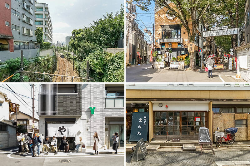 <b>左上・</b>東京さくらトラム（都電荒川線）が走る街。／<b>右上・</b>「鬼子母神」周辺も昭和にタイムスリップしたような風景がたくさん残っています。（徒歩２分）／<b>左下・</b>「おにぎり・とん汁 山太郎」は行列のできる繁盛店。テイクアウトして家でゆっくりいただきましょう。（徒歩３分）／<b>右下・</b>歴史ある建築物を改装して営業している「キアズマ珈琲」。（徒歩３分）