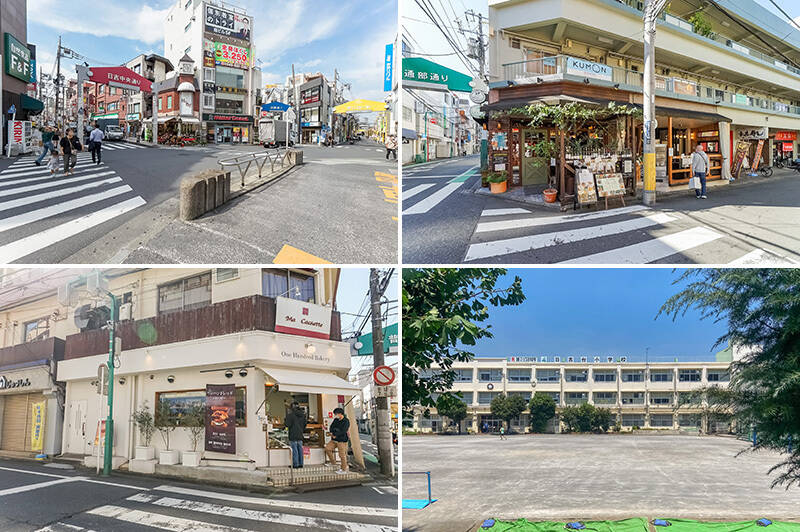 <b>左上・</b>マンションが建つ「日吉」駅の西口側は放射状に商店街が伸びていて活気に満ちています。（徒歩７分）／<b>右上・</b>「OC DINING（オーシーダイニング）」はご夫婦で営む大衆食堂。無農、減農薬野菜を使ったメニューがいただけます。（徒歩７分）／<b>左下・</b>ふんわりした純生食パンが自慢の「One Hundred Bakery 日吉」。（徒歩７分）／<b>右下・</b>2024年12月現在学区指定されている「日吉台小学校」まで徒歩３分。安心して通わせることができそうです。