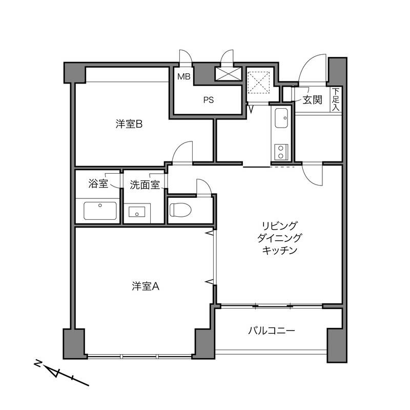 専有面積約64㎡を2LDKにした間取り。