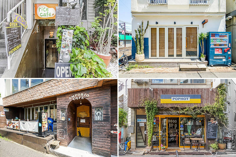 <b>左上・</b> “駒大エリア” にある「rice cafe（ライスカフェ）」。人気メニューは特製オムライス。店内では看板犬に会えるそうですよ。（徒歩17分）／<b>右上・</b>こちらは “三茶エリア” のメキシカンレストラン「LOS TACOS AZULES（ロス タコス アスーレス）」。現地の調理法や味付けを基本にした、日本の食材で作る新境地のタコスがいただけます。（徒歩10分）／<b>左下・</b>“学大エリア” のカフェ「EMPORIO（エンポリオ） cafe&dining」。明太子クリームオムライスや2006年の創業当時から提供しているアサイーボウルなどのメニューが特に人気なのだそう。（徒歩15分）／<b>右下・</b>こちらは絶品ガレットがいただける “学大エリア” で人気のクレープ店「POPHOT（ポポット）」。（徒歩17分）