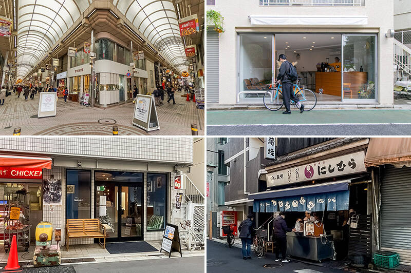 <b>左上・</b>「武蔵小山商店街パルム」はかつて “東洋一のアーケード” とも称された商店街。平日昼間でも非常に活気があります。（徒歩９分）／<b>右上・</b>Ｈさまが愛犬と訪れるという「DAY COFFEE」。大きな窓からwelcomeな雰囲気が漂っています。（徒歩10分）／<b>左下・</b>こちらも同じく犬連れOKなカフェ「Backyard」。（徒歩６分）／<b>右下・</b>Backyardの斜向かいにある老舗鰻店「八つ目や にしむら 目黒店」。（徒歩５分）