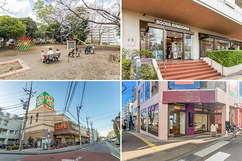 <b>左上・</b>マンションすぐそばの「宮崎第一公園」。緑に囲まれた敷地内には野球場があり、賑やかな声が届きそう。（徒歩１分）／<b>右上・</b>「住吉書房 宮崎台駅前店」は気軽に立ち寄れる立地がうれしい。（徒歩４分）／<b>左下・</b>頼れる大型スーパー「オーケー 宮崎台店」まで歩いて６分。ちなみに日々のお買い物は「東急ストア 宮崎台店」が近くて便利。（徒歩５分）／<b>右下・</b>「pâtisserie Le Negresco（パティスリー ル ネグレスコ）は売主さまのおすすめ。季節に合わせたスイーツが並び、一年中楽しめるそう♪（徒歩４分）