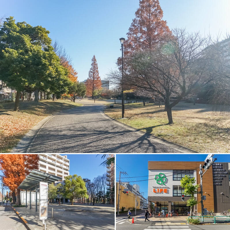 <b>上・</b>目の前に「桃井原っぱ公園」があるので、子どもの遊び場も、ペットのお散歩もお任せあれ！（徒歩１分）／<b>左下・マンション近くからは「荻窪」駅行きのバスが頻繁に発着しています</b>。写真は徒歩５分の「プロムナード荻窪」バス停。「荻窪」駅までの乗車時間は約８分です。／<b>右下・</b>2022年にオープンしたスーパー「ライフ 西荻窪店」。（徒歩10分）