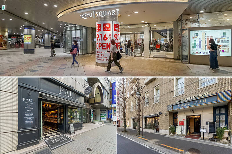 <b>上・</b>「青葉台」駅直結のショッピングモール「TOKYU SQUARE （東急スクエア）青葉台」。南北に計７館も建っており、グルメやファッション、雑貨などの多くのショップが入っています。（徒歩13分）／<b>左下・</b>フランスにも店舗がある世界的に有名なベーカリー「PAUL（ポール）」。カフェ併設でランチはパンが食べ放題です。（徒歩13分）／<b>右下・</b>こちらはホテル併設の「カフェ＆ダイニング george（ジョージ）」。記念日などに利用したい上品なレストランです。（徒歩13分）