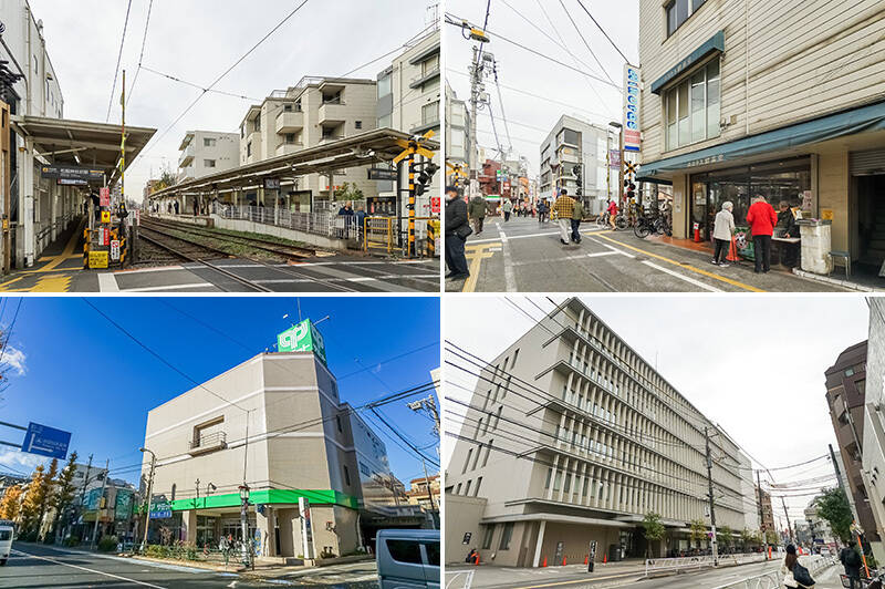 <b>左上・</b>東急世田谷線「松陰神社前」駅（徒歩４分）。人気の「三軒茶屋」駅までは、電車利用で約５分！／<b>右上・</b>松陰神社通り商店街。パン屋さんやお惣菜屋さんなど、多くの個人店が並びます。／<b>左下・</b>駅の近くには深夜1:00まで営業している大型スーパー「サミットストア松陰神社前店」があります。（徒歩６分）／<b>右下・</b>マンション近くには21時まで開館している「世田谷区立世田谷図書館」が。比較的コンパクトな図書館ですが、PC利用可能なので作業するのにもよさそうです。（徒歩１分）