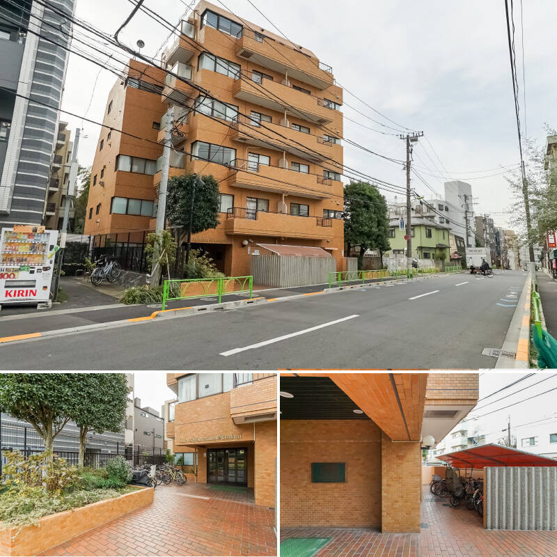 <b>上・</b>総戸数は28戸。飲食店やマンションが並ぶ道路沿いの立地です。／<b>下・</b>エントランス脇には２か所に自転車置き場があります。片方は屋根付き。