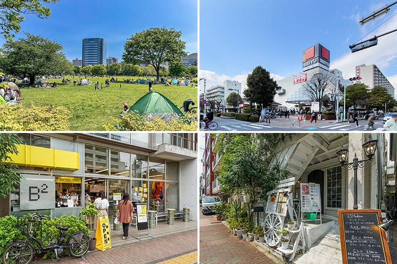 <b>左上・</b>広い芝生広場をはじめ、野外ステージ、バーベキュー場、植物園など広大な敷地に多数の施設があり、子どもから大人まで楽しめる「木場公園」。公園内に入らなくても、横を通るだけで緑溢れるその風景に癒されます。（徒歩12分）／<b>右上・</b>スーパー「西友 東陽町店」（徒歩６分）。このほかにも周辺にスーパーがいくつかあって、お買い物には困りません。／<b>左下・</b>清澄白河にある人気ベーカリーの２号店「B2（ビースクエアード）東陽町店」。味はもちろん、内装も魅力的。（徒歩10分）／<b>右下・</b>NYで修行したシェフが腕を振るうカジュアルなフレンチレストラン「25 Hudson（ニジュウゴ・ハドソン）」。旬の国産食材を使った、美味しくて体に優しいフレンチを楽しめます。（徒歩13分）