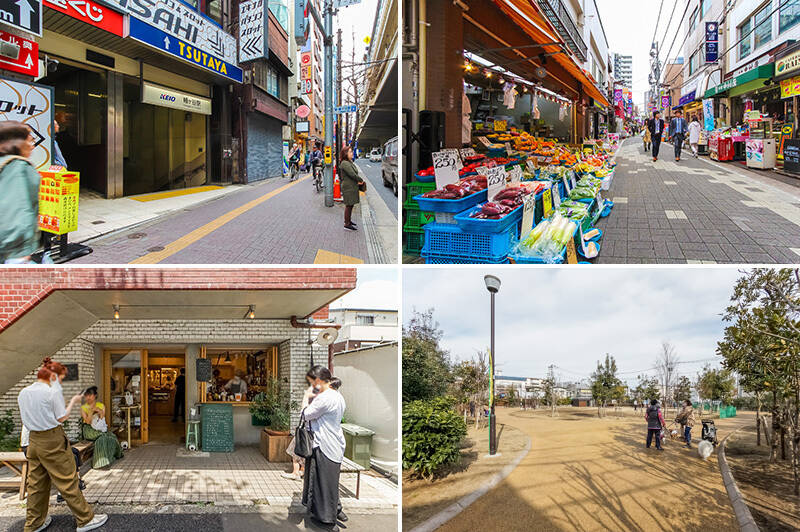 <p><b>左上・</b>甲州街道沿いにある京王新線「幡ヶ谷」駅。（徒歩７分）／<b>右上・</b>大型スーパーもありますが、「六号通商店街」には八百屋さんやパン屋さんなど個人店もたくさんあり、地域住民の暮らしを支えています。（徒歩７分）／<b>左下・</b>大人気店「Sunday Bake Shop」。お菓子とコーヒーとアイスクリームを販売しています。週３日はイートインもできますよ。（徒歩12分）／<b>右下・</b>近所には子どもが安心して走りまわれそうな「幡ヶ谷ひだまり公園」がありますよ。（徒歩３分）</p>