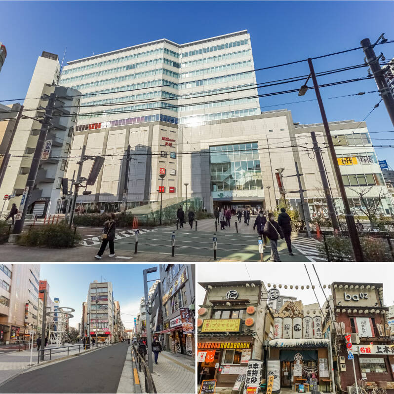 <b>上・</b>駅ビルや繁華街のある山手線「大塚」駅（徒歩12分）。都内をのんびり走る「東京さくらトラム」の乗り場もあります。／<b>左下・</b>多くの飲食店で賑わう北口駅前の商店街。（徒歩14分）／<b>右下・</b>はしご酒もラクラク、居酒屋が集まる「東京大塚のれん街」（徒歩14分）。