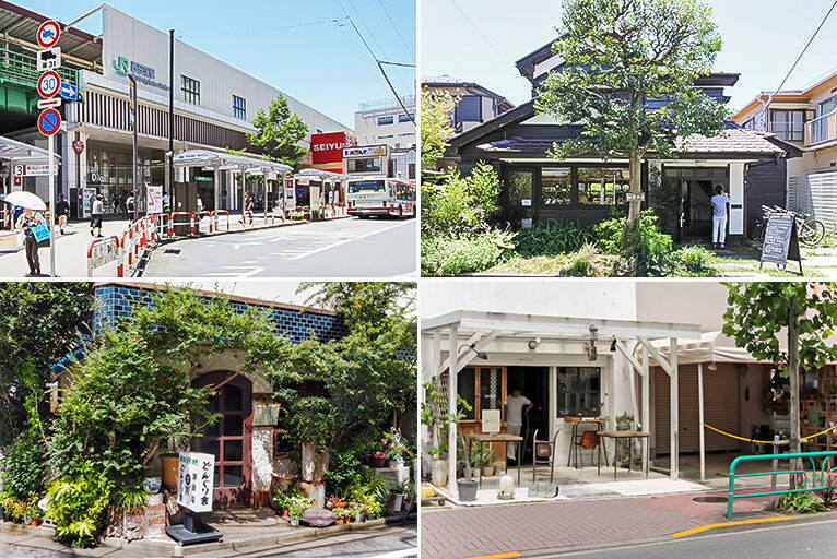 <b>左上・</b>小さくて気の利いたお店が集まる楽しい街です。一度住んだら離れられなくなりそうな気配。／<b>右上・</b>以前カウカモマガジンでも取材させていただいた「松庵文庫」。古民家のお庭を眺めながら素敵なカフェ時間を。（徒歩14分）／<b>左下・</b>地元民に愛され続けている「どんぐり舎（や）」も見逃せない喫茶店。店内に入ればタイプトリップです。（徒歩５分）／<b>右下・</b>カレーの名店もたくさん。こちらはネパールカレーがいただける「Sajilo Clove（サジロクローブ）」。（徒歩５分）