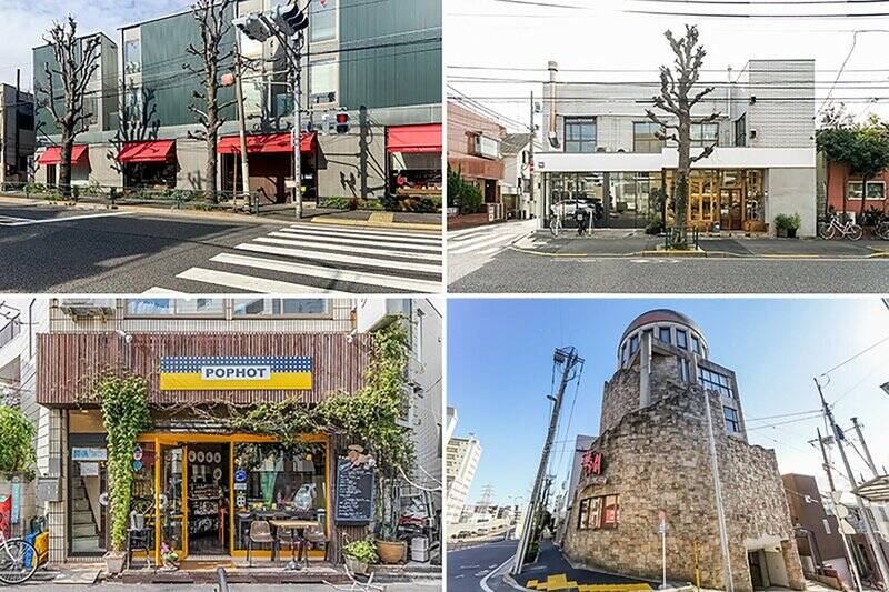 <b>左上・</b>フランス菓子店「Patisserie Francaise Quatre（キャトル）柿の木坂本店」。看板メニュー「うふプリン」は、本物の卵の殻を器に使用しており、見た目も味も楽しめる一品です。（徒歩７分）／<b>右上・</b>最高の一杯を追求するコーヒー店「ONIBUS COFFEE（オニバスコーヒー）八雲店」。コーヒーの販売を通して、サステナブルな活動も行っています。（徒歩８分）／<b>左下・</b>学芸大学の人気クレープ店「POPHOT（ポポット）」では、種類豊富なクレープはもちろん、絶品ガレットもいただけます。（徒歩12分）／<b>右下・</b>建物の外観が目を惹くこちらは中華料理店「華空間」。創業から40年続く老舗店で、豊かな素材を“いい味で”をモットーにしているのだそう。（徒歩５分）