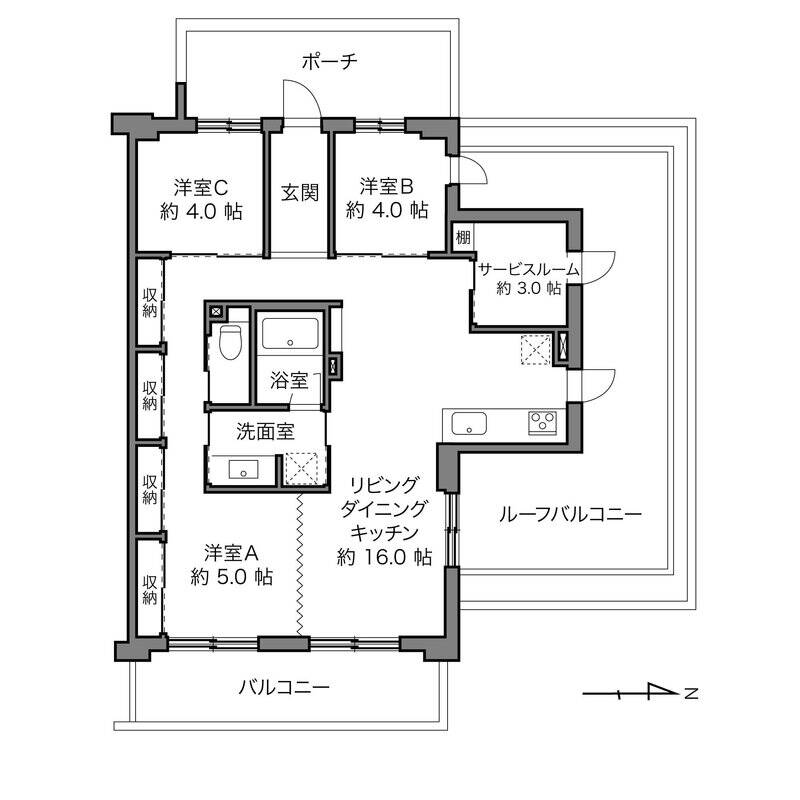 今回の住戸は約72㎡の3LDK+S。中心に水まわりを据えて、ぐるぐる回遊できる間取りです。