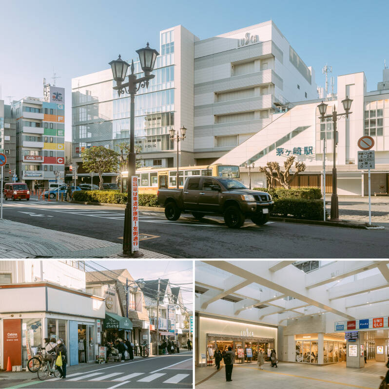 「茅ヶ崎」駅（徒歩19分）周辺の風景。駅直結のショッピングセンター「ラスカ茅ヶ崎」には、成城石井やユニクロ、無印良品など便利なお店が勢揃い。駅前の商店街（左下）にも、地域密着の魚屋さん「魚卓」やスーパーマーケットなど、普段使いできそうなお店がちらほら。