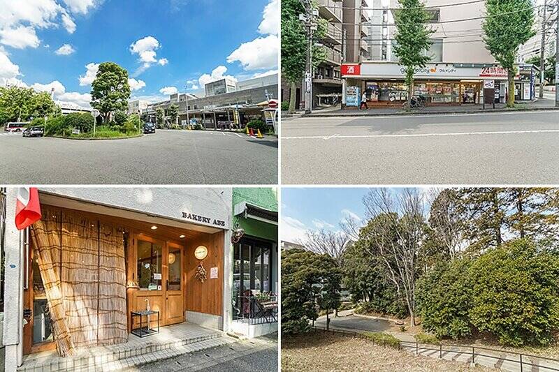 <b>左上・</b>東急田園都市線「藤が丘」駅からマンションまでは、アップダウンのある道のりを歩くこと９分です。／<b>右上・</b>駅近くにはスーパーが点在しています。こちらは24時間営業の「グルメシティ 横浜藤が丘店」（徒歩７分）。／<b>左下・</b>「BAKERY ABE（ベーカリーアベ）」は地元民で賑わう人気店。モッチリ＆ふんわりの美味しいパンが並びます。（徒歩８分）／<b>右下・</b>駅からマンションまでは、こちらの「藤が丘第二公園」を突っ切るのが最短ルート。傾斜しに広がる見晴らしのいい公園です。（徒歩２分）