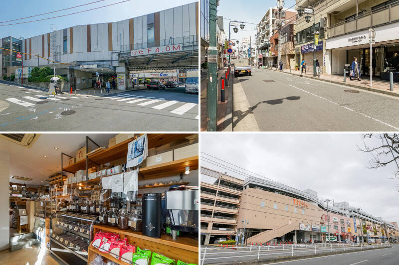 <b>左上・</b>最寄りは、東急東横線「大倉山」駅。電車利用で「渋谷」駅までは約31分、「横浜」駅までは約10分とビッグターミナルまでのアクセスが良好です。（徒歩９分）／<b>右上・</b>駅からマンションまでの道のりには商店街「レモンロード」が（徒歩６分）。駅の反対側にはギリシャ風の建物が並ぶ「エルム通り商店街」があります。／<b>左下・</b>駅近くにあるコーヒー専門店「TERA COFFEE（テラコーヒー）大倉山店」。世界各国のコーヒー豆が揃っているそうですよ。（徒歩10分）／<b>右下・</b>ファッション、グルメ、家電など、幅広いジャンルのお店が入る複合商業施設「トレッサ横浜」。ほとんどの買い物はこちらで済ませられそう。（徒歩14分）