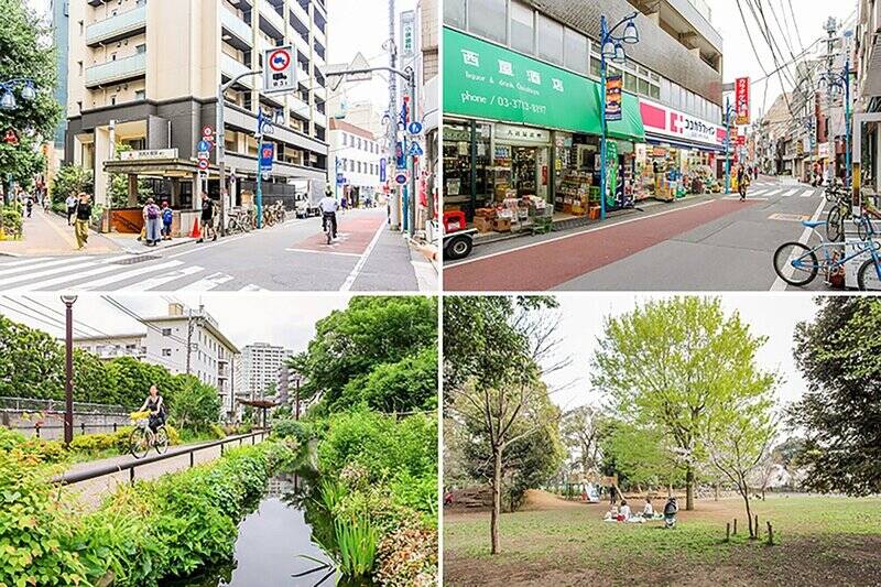 <b>左上・</b>最寄りの「池尻大橋」駅までは徒歩10分。気の利いたお店が多いのに、そこまで混んでいない “穴場感” のある街です。／<b>右上・</b>生活用品がひと通り揃う「池尻大橋駅前商店街」。人気のベーカリーもあるので要チェック。（徒歩10分）／<b>左下・</b>駅からマンションまでは「北沢川緑道」を歩くのがオススメ！ せせらぎを聴きながら歩ける気持ちいい散歩道です。（徒歩２分）／<b>右下・</b>のんびり自然に触れるなら「三宿の森緑地」へ。ペットのお散歩にもちょうどよさそうです。（徒歩９分）