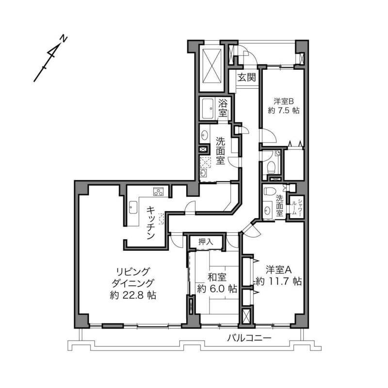 現在の間取りは3LDK。玄関から長い廊下を通って、リビングダイニング（LD）にアクセスできます。洗面室とトイレはふたつずつ設置。