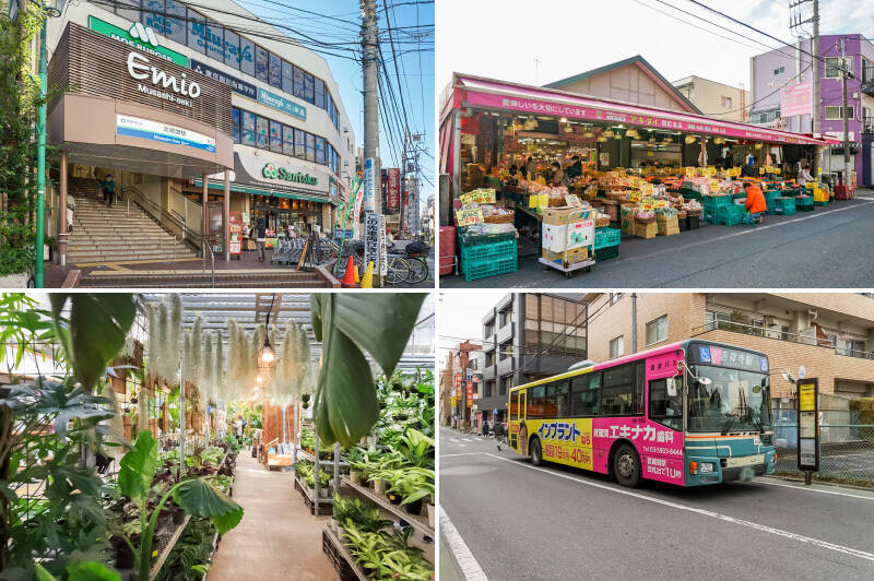 <p><b>左上・</b>最寄りは西武新宿線の<b>準急停車駅「武蔵関」</b>で、徒歩わずか３分の距離。駅前には小さな商店街があって買い物に便利です。／<b>右上・</b>「生鮮市場アキダイ関町本店」の価格と賑わいにちょっと感動。隣には同系列のベーカリーもあり、毎日お世話になりそう。（徒歩３分）／<b>左下・</b>この街でぜひ足を延ばしたいのは “ガーデニングの聖地” こと「オザキフラワーパーク」。う〜ん、夢が無限に広がります！（徒歩12分）／<b>右下・物件のすぐ近くにある「武蔵関駅入口」バス停（徒歩２分）からは、乗車時間21分ほどで大人気の「吉祥寺」へダイレクトアクセスです！</b> これで休日のお楽しみ＆感度の高い暮らしは約束されたようなもの。むふふ。</p>