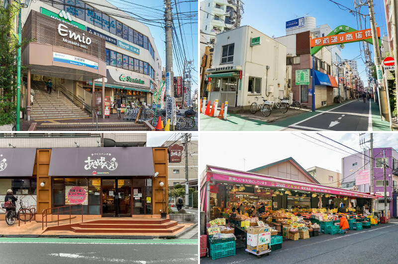 <b>左上・</b>駅の北口にはスーパー「三徳 関町店」が併設していて便利。（徒５歩）／<b>右上・</b>マンションが建つ南口にはレトロな雰囲気漂う「武蔵関駅前通り商店街」があり、チェーン店から昔懐かしい個人店までが軒を連ねています。（徒歩４分）／<b>左下・</b>バルコニーからちらっと見えていた「手づくりパン工房 あきぱん」。焼きたてパンが徒歩１分で買いに行けます。／<b>右下・</b>ニュース番組でコメントを求められることが多い「アキダイ 関町本店」も徒歩２分の距離！