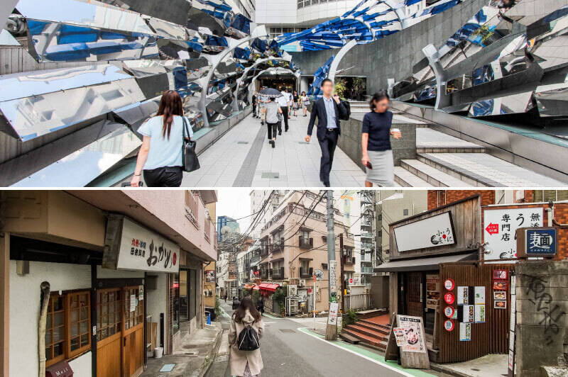 写真は、「渋谷」駅〜マンションの通り道の「渋谷マークシティ（上）」と「裏渋谷通り（下）」。物件周辺は魅力的なお店が集まる環境です。おすすめスポットは記事後半でご紹介しますね！