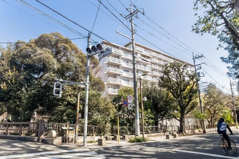 「二子玉川」駅から歩くこと約15分。グリーンに囲まれたマンションが現れました。竣工は1970年で、総戸数は119戸とビッグコミュニティです。