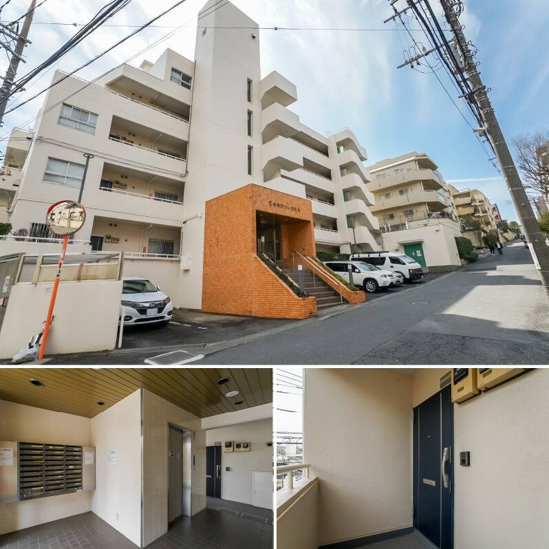 <b>上・</b>総戸数29戸・1978年生まれのマンション。エントランスホールへは、中央の階段を上ってアクセスします。/<b>左下・</b>ホールには集合ポストとエレベーターが。/<b>右下・</b>住戸が所在する2階の玄関ドア前。
