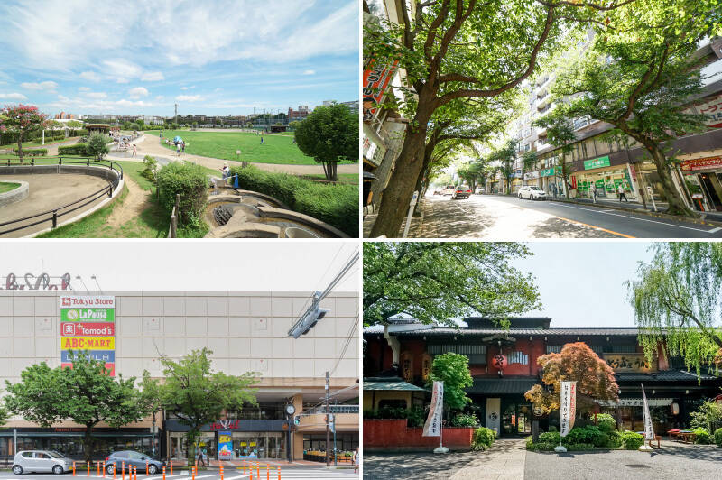 <b>左上・</b>「カッパーク鷺沼」は、運動施設や芝生広場があり、大人も楽しめる公園。(徒歩11分)/<b>右上・</b>「春待坂」は、春には見事な桜並木を望めることから、そんな名前がついたそう。素敵ですね。(徒歩15分)/<b>左下・</b>閉店することが決まっている駅前に建つ商業ビル「フレルさぎ沼マネジメントオフィス」。「東急ストア」はすぐ近くに移転するそうですよ。(徒歩15分)/<b>右下・</b>こちらは高級豆腐料理の「とうふ屋うかい 鷺沼店」。ハレの日に訪れたいお店です。(徒歩15分)