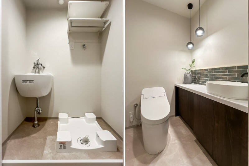 <b>左・</b>キッチンにはランドリースペースが付帯。/<b>右・</b>玄関ホールにひとつめのトイレがあります。カウンターと手洗い付き。