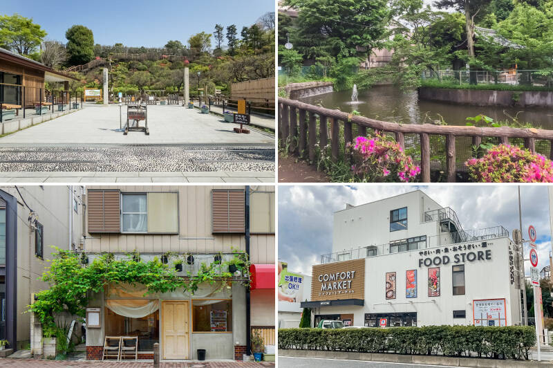 <b>左上・</b>池上本門寺の程近くにある「池上梅園」は2月から3月にかけて約7万人が訪れる梅の名所。(徒歩14分)/<b>右上・</b>大森の “山王エリア” にある「山王厳島神社」。横には弁天池児童遊園がありますよ。(徒歩20分)/<b>左下・</b>西馬込商店街の一角にひっそりと佇むカフェ「ýohak(よはく)」はSNSに度々登場する人気店。目にも美しいお料理やスイーツをぜひ味わって。(徒歩17分)/<b>右下・</b>西馬込駅前にはスーパー「コンフォートマーケット 西馬込店」があります。(徒歩15分)