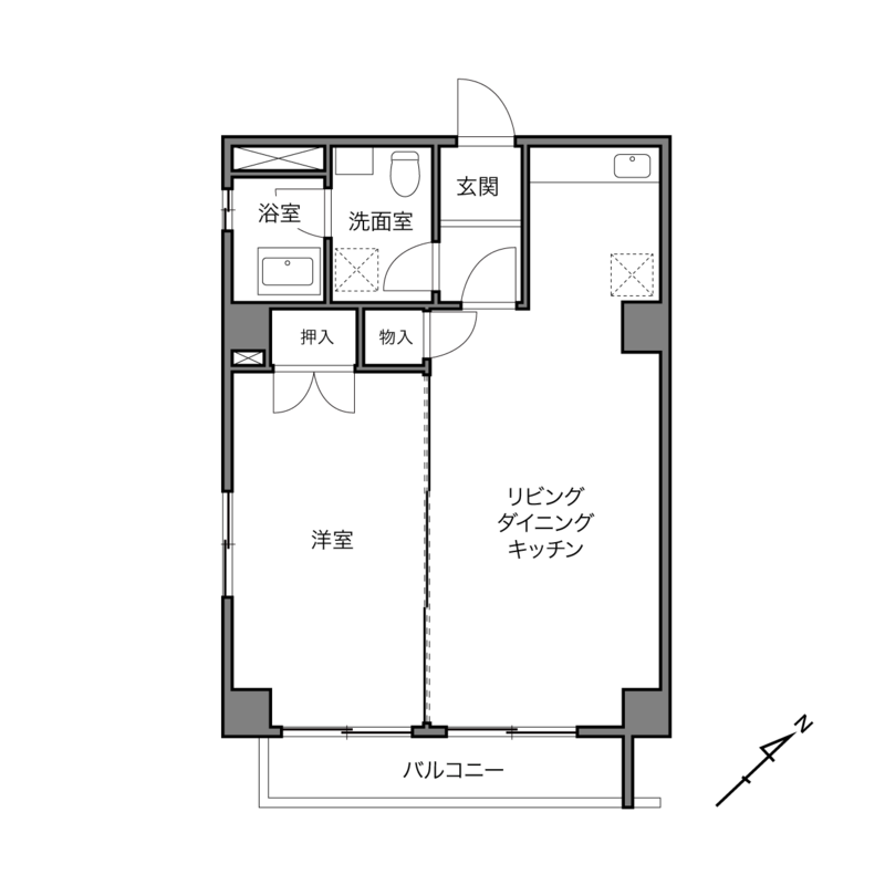 まずは現状の図面をご覧あれ。正方形をちょっと長くしたような形で廊下面積が少なく済みそうです。水まわりに窓があるのも見逃せません!
