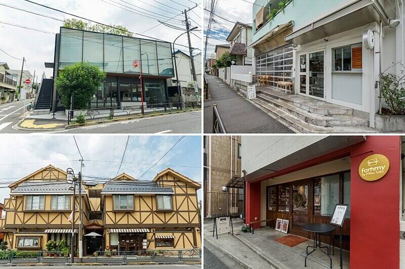 <b>左上・</b>「<b>OGAWA COFFEE LABORATORY(オガワ コーヒー ラボラトリー)</b>」は、常時21種類以上のコーヒーと食事メニューが楽しめるカフェ。(徒歩11分)/<b>右上・</b>地元民に大人気のピッツェリア「<b>PIZZA MAFIA TOKYO(ピザマフィアトーキョー)</b>」までは徒歩10分。/<b>左下・</b>1987年創業の老舗ベーカリー「<b>ベッカライ・ブロートハイム</b>」。ドイツパンを中心とした、豊富な品揃えが魅力です。(徒歩8分)/<b>右下・</b> “日常の小さな幸せを作る” をテーマにしたスイーツブランド「<b>fammy(ファミー)by Miho Sato</b>」。店内にはクッキーやチョコレートなど、可愛らしいお菓子が並びます。(徒歩7分)