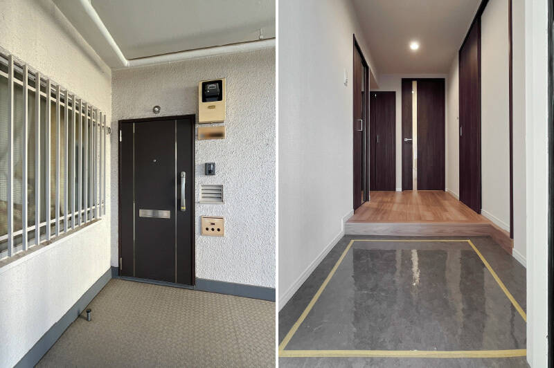 <b>左・</b>玄関ドアは新規交換済み。/<b>右・</b>ゆったりした土間。土間に下足入れは備わっておらず、廊下に2箇所収納がありますよ。