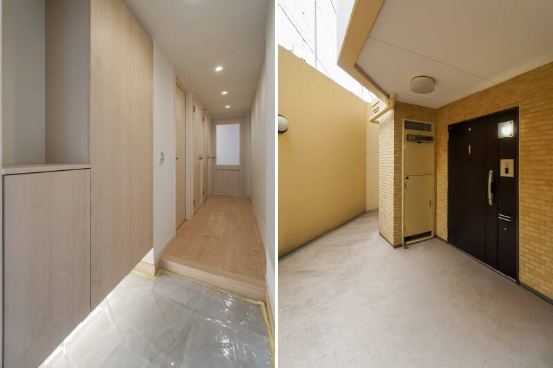 <b>左・</b>ややタイトな玄関ですが、明るい色の建具や間接照明で圧迫感が出ないよう工夫されています。/<b>右・</b>住戸は1階の共用廊下の突き当たりに位置しています。マンションが坂道に建っているため、写真左手の壁の上が道路の高さになり、住戸は半地下のような立ち位置です。