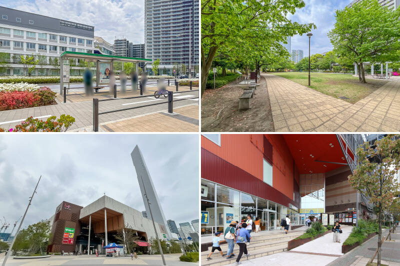 <b>左上・</b>商業施設「ららテラス」前のバス停「はるみらい前」。周辺はバス便も整備されています。(徒歩18分)/<b>右上・</b>リフレッシュできる公園「中央区立晴海第二公園(ふれあい広場)」(徒歩7分)/<b>左下・</b>「ららテラス HARUMI FRAG」には、スーパーやドラッグストア、レストラン、生活雑貨店など様々なお店が入っていて日常のお買い物に便利。(徒歩22分)/<b>右下・</b>セレクトショップやインテリアショップ、映画館にフードコートなどが入り丸1日楽しめる「アーバンドックららぽーと豊洲」も徒歩圏内!(徒歩10分)
