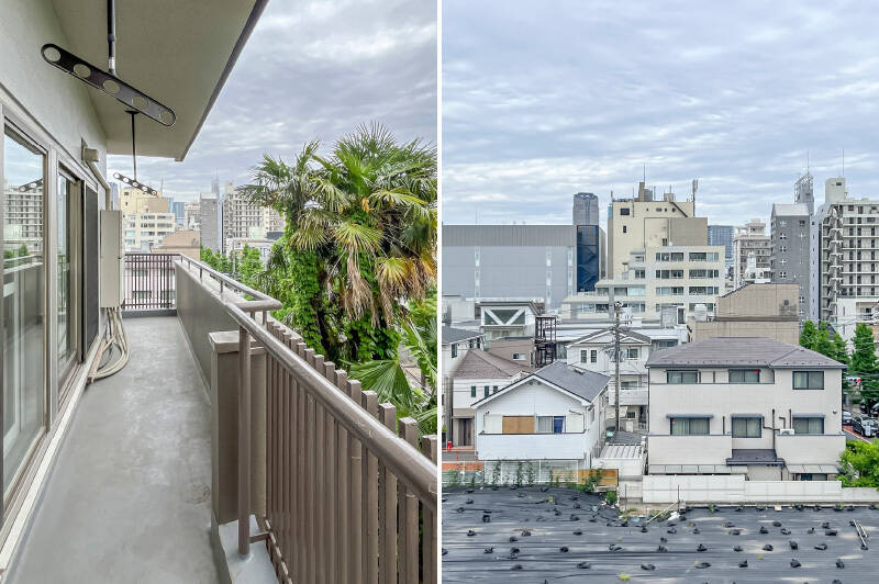 バルコニーに出ると、都心らしい風景と植栽の緑のコラボレーションを望みます。住戸の所在階は2階ですが、建物の構造上、<b>バルコニーからの目線は実質3階部分に相当する高さ</b>です。