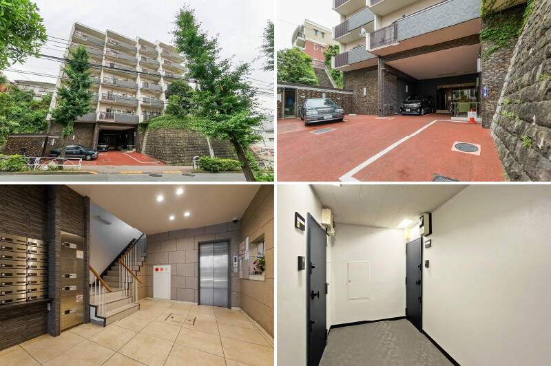 建物を支える石の擁壁(ようへき)と、雁行(がんこう)したフォルムが渋い! <b>エントランスは2017年に改修済み</b>で、<b>オートロック</b>と<b>宅配ボックス</b>が設置されています。また、<b>各住戸の玄関扉も交換済み</b>。