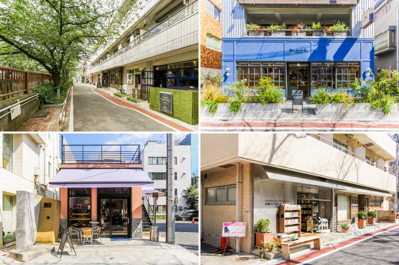 <b>左上・</b>こちらのエリアといえば、目黒川の緑道とその並びに建つお店たち。ただ歩くだけでも心地よさが胸を満たします。/<b>右上・</b>「<b>green bean to bar CHOCOLATE(グリーン ビーン トゥ バー チョコレート)</b>」は、カカオ豆からチョコレートになるまでの工程をすべて手作業で行う体験型スタイルのチョコレートショップ。産地ごとの味の違いを楽しめる、チョコレート好きならぜひ訪れたいお店です。(徒歩5分)/<b>左下・</b>天然酵母や有機栽培の厳選した素材を使用したベーカリー「<b>MEGUROGAWA LOTUS(目黒川ロータス)</b>」もすぐそば。(徒歩5分)/<b>右下・</b>お気に入りの一冊をを探すなら「<b>COW BOOKS(カウブックス)</b>」へ。幅広いラインナップと、しっかりとキュレーションを兼ね揃えた本屋さんです。(徒歩6分)