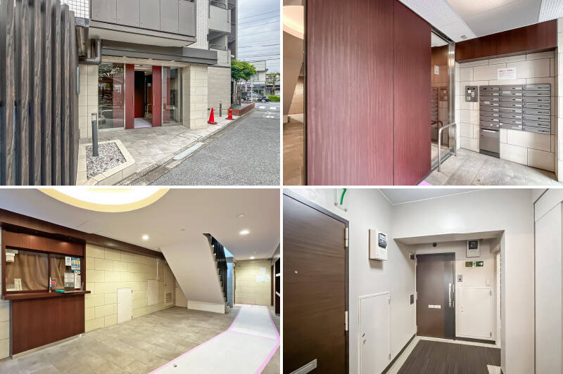 <b>左上・</b>エントランスは世田谷通りから奥まった場所にあって安心。/<b>右上・</b>カードセンサー式のオートロックも備わっています。/<b>左下・</b>共用ロビー。きれいに修繕されているのが一目瞭然ですね!/<b>右下・</b>住戸が所在する7階の共用廊下。カーペット敷きでホテルライクです。